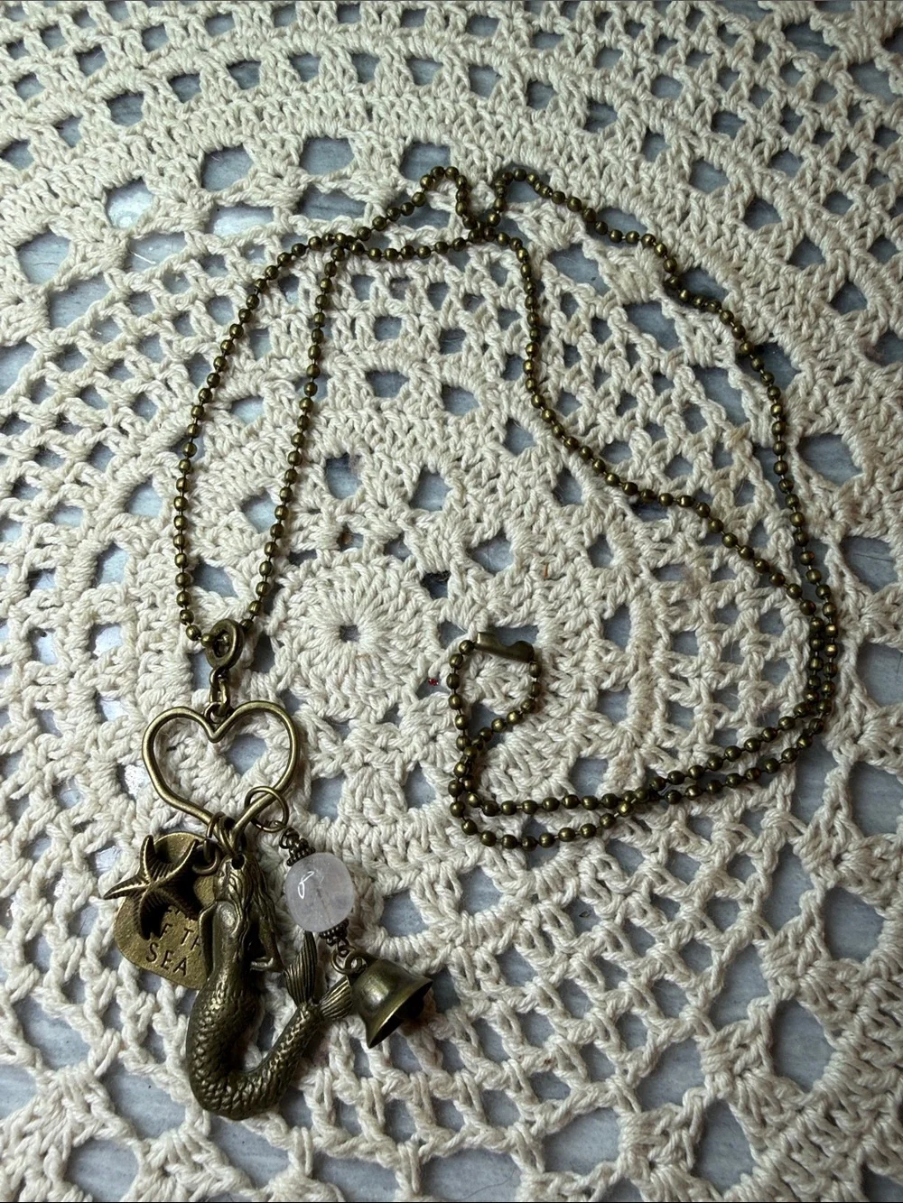 Vintage-Inspired Bronze Mermaid & rose quartz Charm 26” Necklace - Bronze